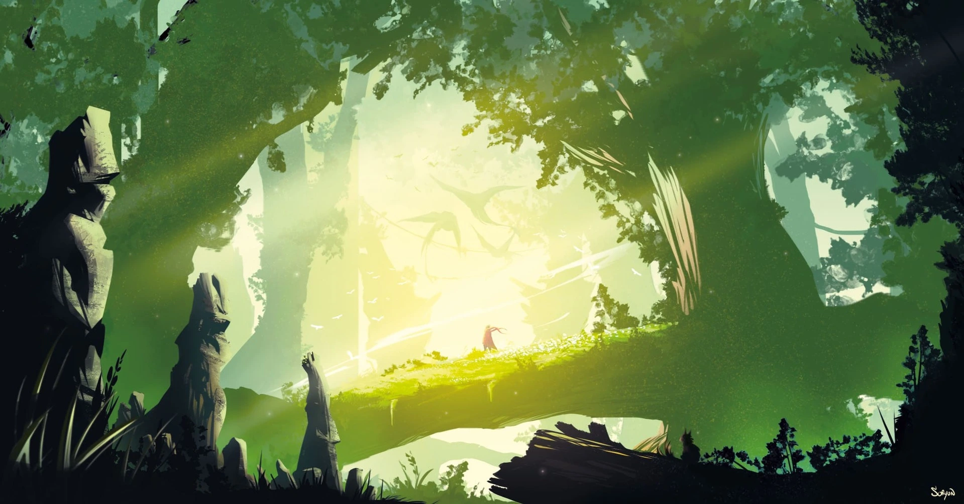 Image de couverte de la homepage du site, on y voit un jeune aventurier à cape rouge au milieu d'une forêt verte gigantesque avec des sortes de dragons volant au loin.