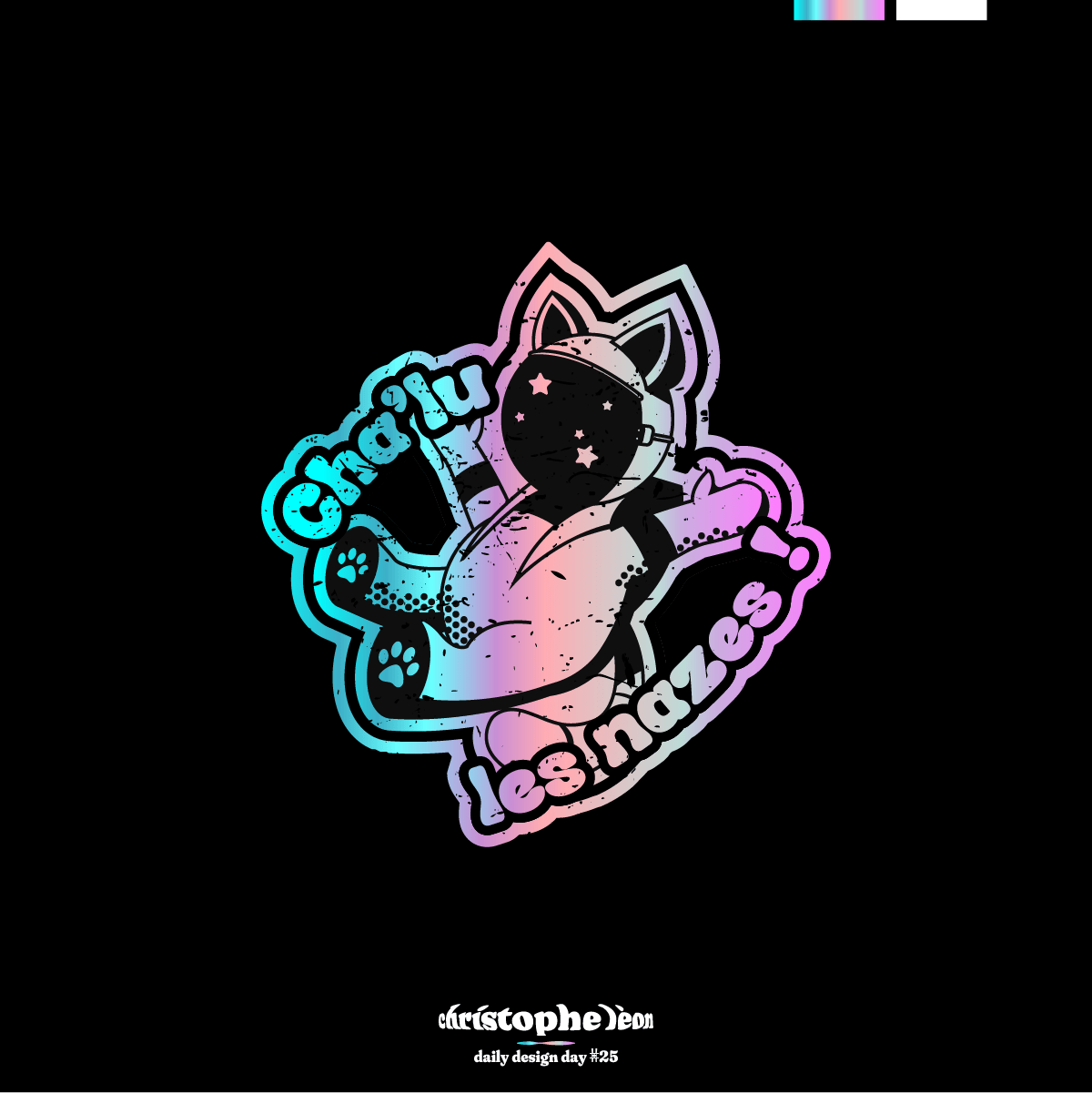 Design d'un sticker avec effet holographique. Le sticker est composé d'un chat en tenu d'astronaute les pattes en l'air et qui dit : Cha'lu les nazes